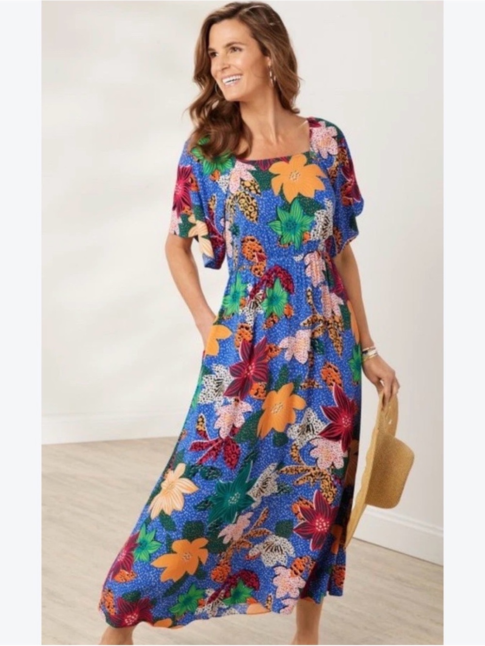 Soft Surroundings Tropical Floral Midi Dress Simona Smocked Plus Size 1X